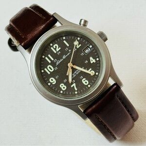 Vintage Eddie Bauer Light Up Field Mens Watch Perforated Dial Leather 1215 42102